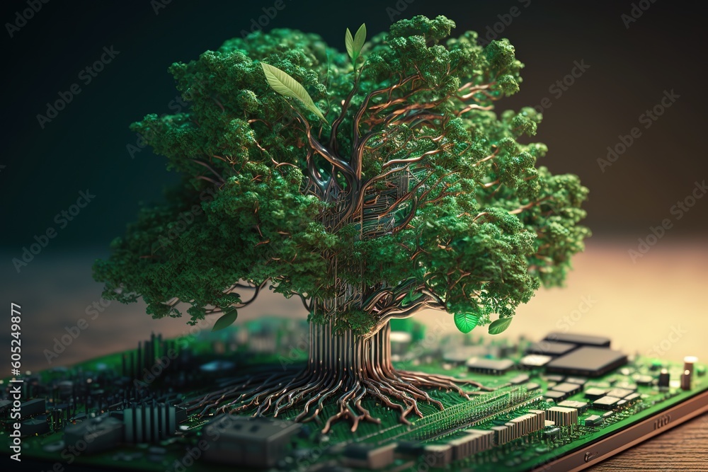Leinwandbilder A growing tree at the convergence point of the computer's printed circuit board.Generative AI