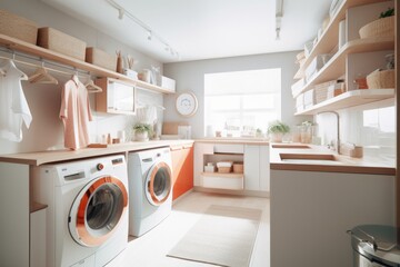 a modern laundry room with a washer and dryer