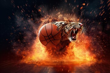 Fototapeta premium Illustration of a Tiger Holding a Basketball in Its Mouth, Generative AI