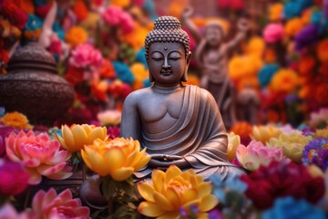 serene Buddha statue sitting amidst a vibrant field of flowers