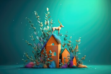 a deer standing on top of a house in a rural setting