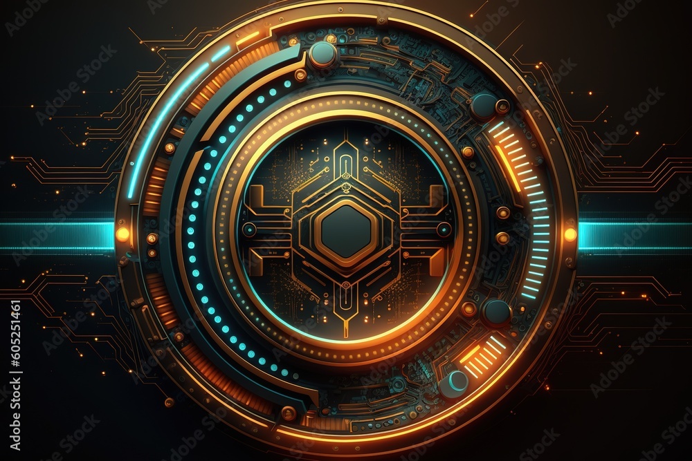Aufkleber Abstract technological background with a high-tech circle, a beam of light and a contour pattern.Generative AI
