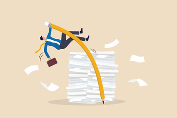 Efficiency or productivity to finish work, manage busy workload or paperwork, project documents or overcome exhausted or challenge concept, businessman jump pole vault over busy document paper.