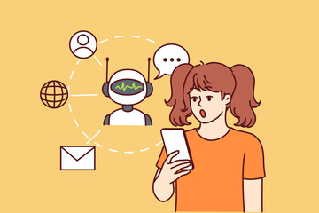 Teen girl with phone uses chatbot or robotic app with artificial intelligence and opens mouth in surprise at possibilities of AI neural networks. Surprised girl using smartphone with AI programs