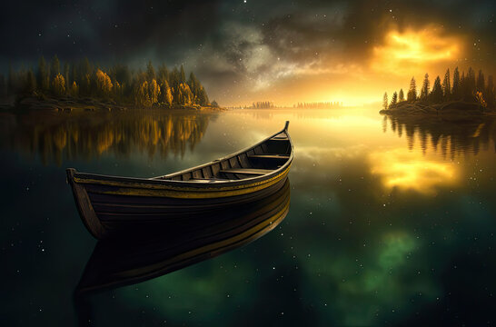 boat on the lake at sunset. Generative AI image.