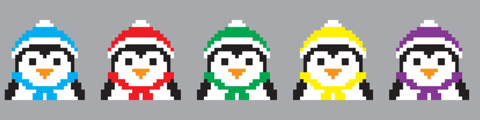 Pixel art 8-bit.Set of a penguin pixel art of different colors.Dotted pop art illustration.Creative Vision Logotype concept. 