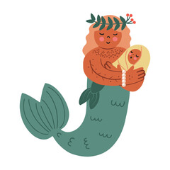 Hand drawn cute mermaid with a baby, isolated vector illustration with folk elements in flat style