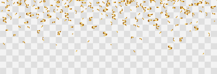 Festive confetti png. Golden bright confetti falls. Vector celebration background with confetti and gold ribbons. Holidays and Birthday. Vector isolated on transparent background.