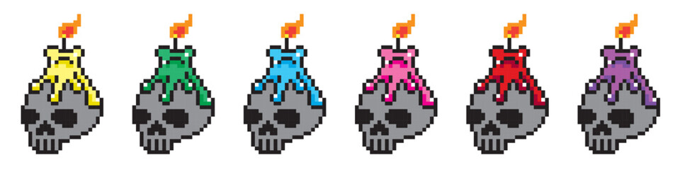 Pixel art 8-bit.Set of a skull vector icons of different colors.Dotted pop art illustration.Creative Vision Logotype concept. 
