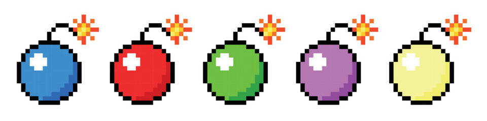 Pixel art 8-bit.Set of a bombs of different colors.Dotted pop art illustration.Creative Vision Logotype concept. 
