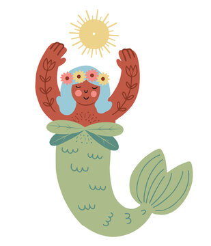 Hand drawn little mermaid with folk motives praising the sun, isolated vector illustration in flat design
