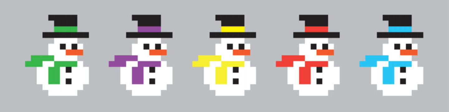 Pixel art 8-bit.Set of a snowman pixel art of different colors.Dotted pop art illustration.Creative Vision Logotype concept. 

