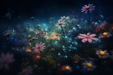 Fototapeta na wymiar Abstract fantasy space plants and glowing flowers. Extraterrestrial galaxy background with unusual magical nature, game or fairy tale beautiful scene. Deep space stars AI Illustration for wallpaper.