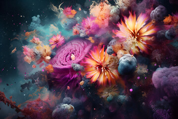 Abstract fantasy space plants and glowing flowers. Extraterrestrial galaxy background with unusual magical nature, game or fairy tale beautiful scene. Deep space stars AI Illustration for wallpaper.