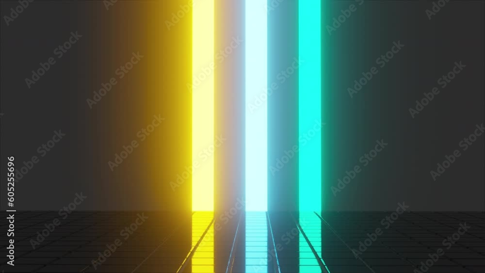 Poster black grid cubes with colorful neon lines. computer generated 3d render