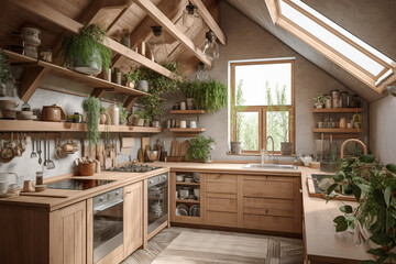Modern cozy kitchen, eco interior design with beige colors and plants. Super photo realistic background, generative ai illustration
