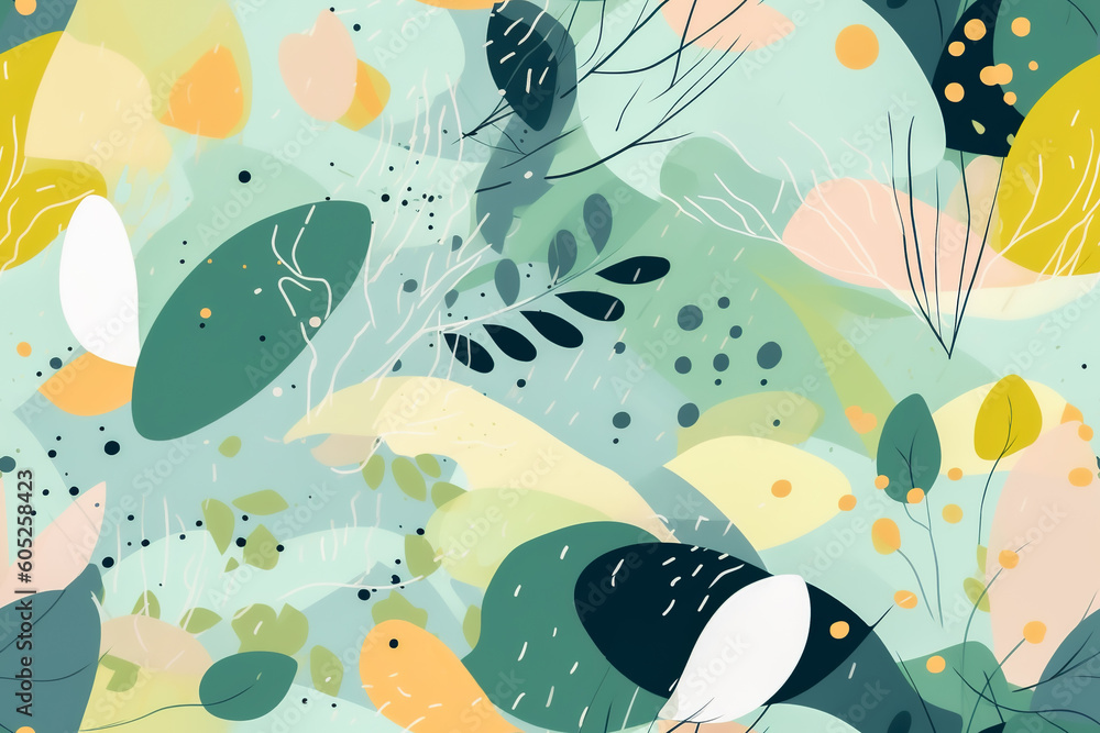 Poster tile. seamless pattern with hand drawn abstract leaves. generative ai