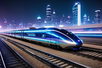 Fototapeta na wymiar Futuristic speed train with blue lights in megapolis Generative AI