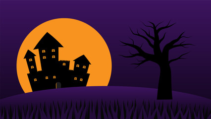 happy Halloween holiday party background. haunted castle cartoon on hills with full moon in night sky