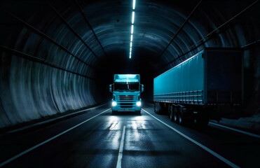 Fototapeta premium a white truck driving down a dark tunnel