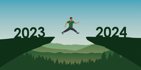 man jumping over a cliff from 2023 to 2024 happy new year