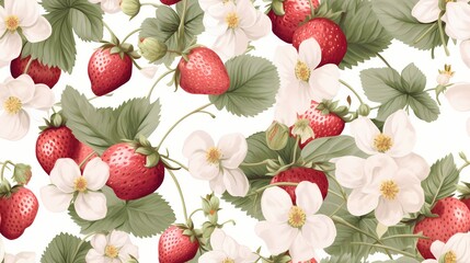 Seamless botanical pattern with flowers and berries of strawberry on white background. Generative AI
