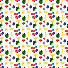 Fruits and veggies mix watercolor seamless pattern, Vitamins backdrop, Vegans ornament, Food repeat background, Summer design, Banana, Broccoli, Bamboo shoots, Berries, Strawberry, Blueberry