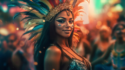 Fototapeta na wymiar carnival woman in feathers. Generative AI