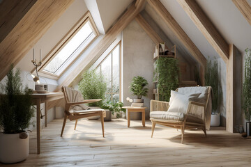 Fototapeta premium Modern cozy living room, eco interior design with beige colors and plants. Super photo realistic background, generative ai illustration