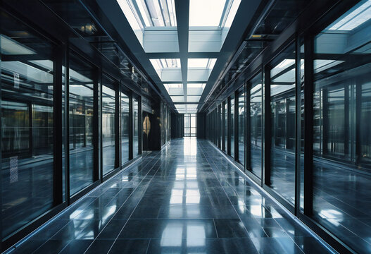 a large corridor with glass walls and floors