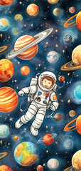 A Cute Cartoon Astronaut's Joyful Exploration of Zero Gravity Space, Surrounded by Planets in Outer Space