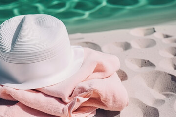 Hat lies on towel in the sand on the beach. travel concept. generative ai
