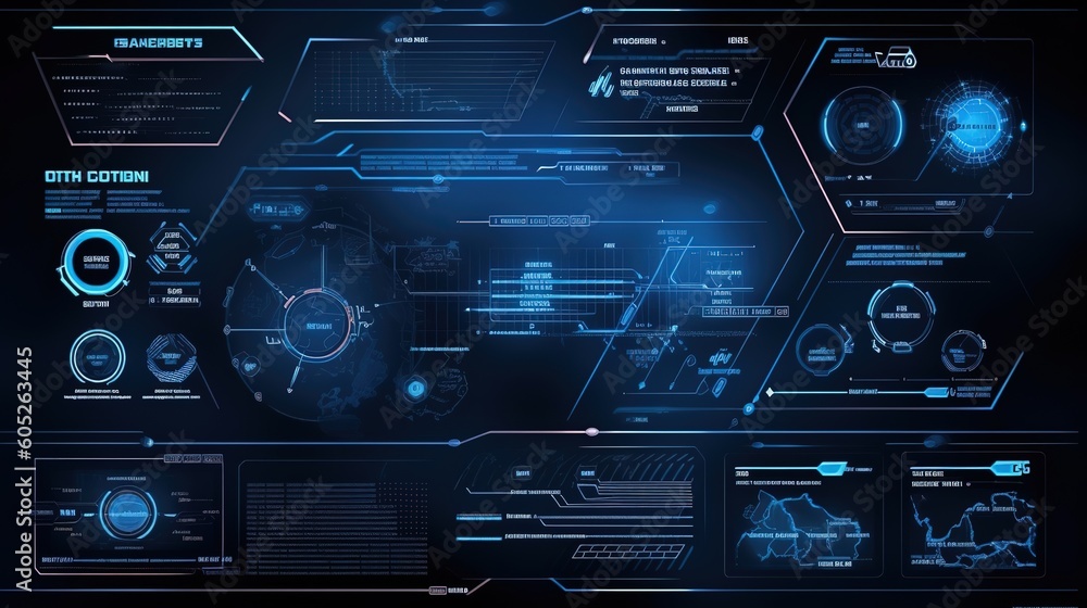 Aufkleber Infographics Elements Set for HUD Sci Fi Interfaces. Hud,GUI for game background design. Technology background. Digital data. Generative AI