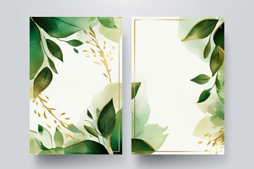 Green gold leaves wedding invitation card template Generative Ai