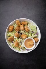 a plate that has some breaded tates on it