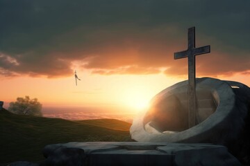 Good Friday concept: Tomb empty with cross on sunset background, Generative AI