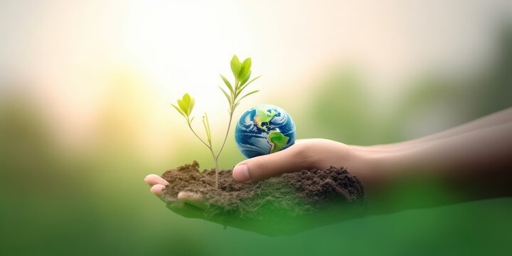 Earth Day concept: hand holding  plant and earth on blur green nature background, Generative AI