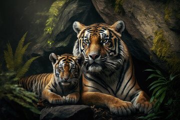 Tiger with cub in natural habitat. Generative AI