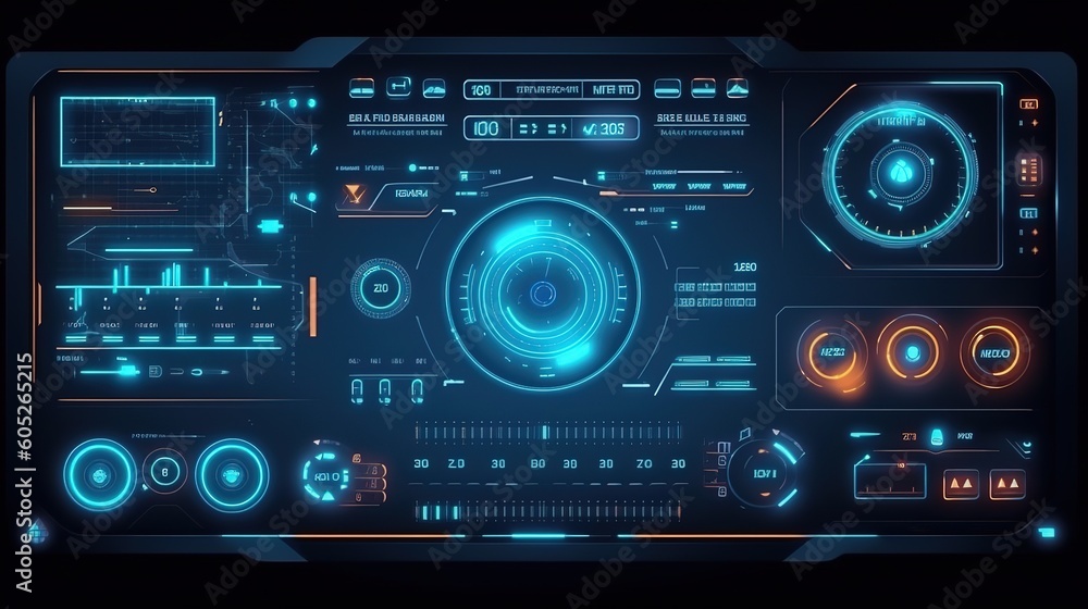 Poster Abstract technology ui futuristic concept hud interface hologram elements of digital data chart.Hud,GUI for game background design. Technology background. Digital data. Generative AI