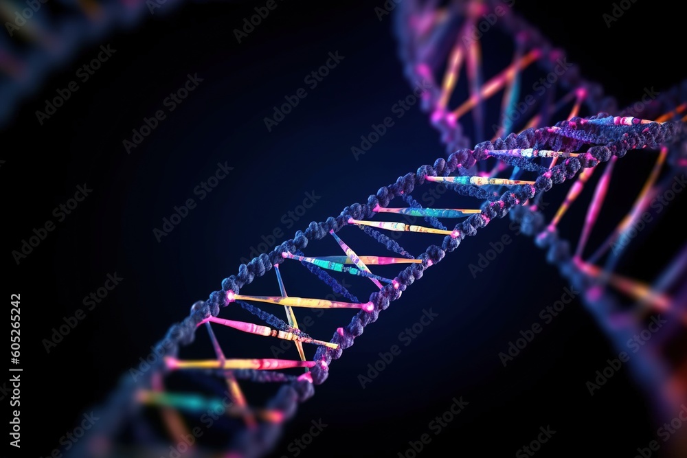 Wall mural dna spiral on black background. dna molecular structure with sequencing data of human. generative ai