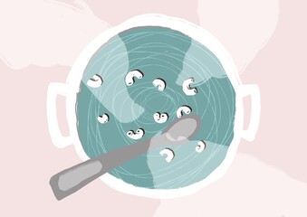 Illustration de pâte coquillettes cuisant dans une marmite bouillante avec sa cuillère pour remuer, vu de haut