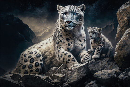 Snow leopard with cub in natural habitat. Generative AI