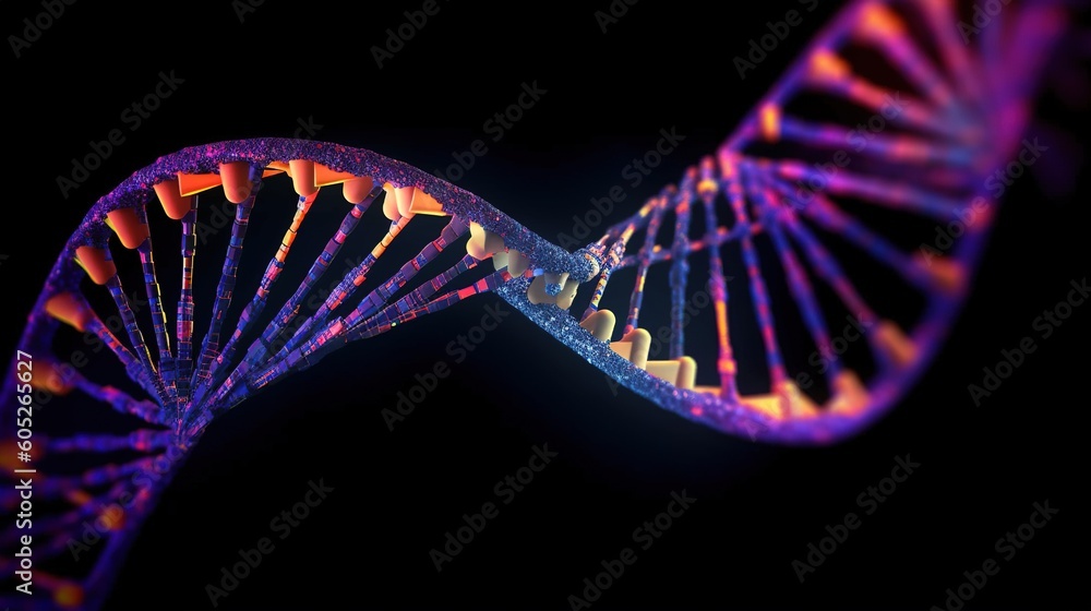 Wall mural dna strand on black background. dna molecular structure with sequencing data of human. generative ai