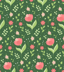 Cute botanical floral pattern. Seamless vector tulip pattern on a green background. Tender background with pink flowers and leaves.