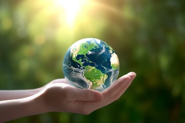 Human hands holding earth globe over blurred green nature background. Elements of this image furnished by NASA, Generative AI