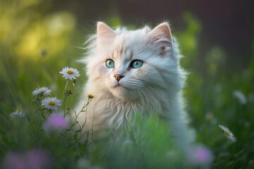 Baby cat in spring green grass with flowers. Generative AI