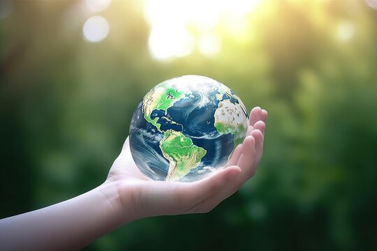 Human hands holding earth globe over blurred green nature background. Elements of this image furnished by NASA, Generative AI