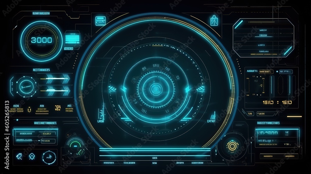 Aufkleber Sci-fi futuristic hud dashboard display virtual reality technology screen.Hud,GUI for game background design. Technology background. Digital data. Generative AI