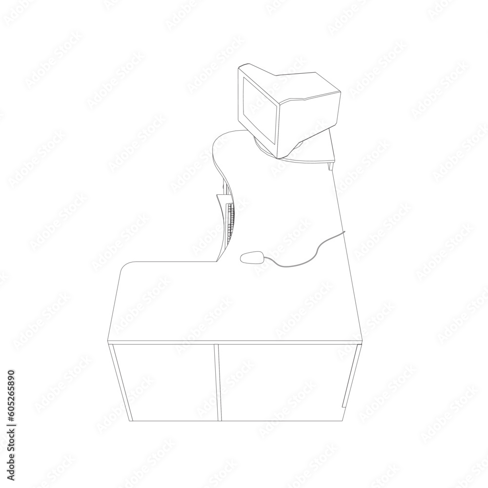 Poster line drawing of retro old classic personal computer processor unit. vintage cpu with analog monitor 