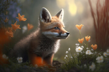 Fototapeta premium Red fox cubs in meadows with flowers,, Generative AI